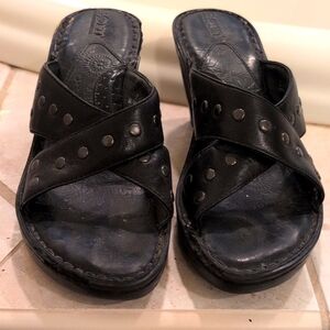 Born 7 Womens Black Leather Stud Slide Heeled Sandals